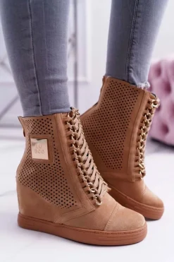 Damskie Sneakersy Lu Boo Ażurowe Zamszowe Camel Clamma