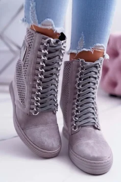 Damskie Sneakersy Lu Boo Ażurowe Zamszowe Szare Clamma