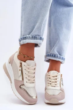Damskie Sneakersy Na Koturnie Beżowo-Białe Sivan