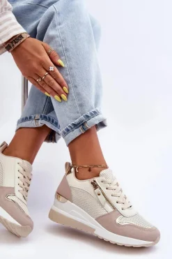Damskie Sneakersy Na Koturnie Beżowo-Białe Sivan