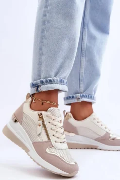 Damskie Sneakersy Na Koturnie Beżowo-Białe Sivan