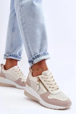 Damskie Sneakersy Na Koturnie Beżowo-Białe Sivan