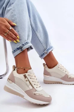 Damskie Sneakersy Na Koturnie Beżowo-Białe Sivan