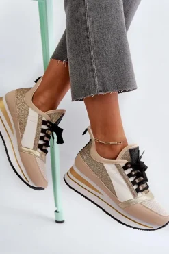 Damskie Sneakersy Na Koturnie I Platformie Z Brokatem Złote Rafani