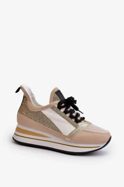 Damskie Sneakersy Na Koturnie I Platformie Z Brokatem Złote Rafani