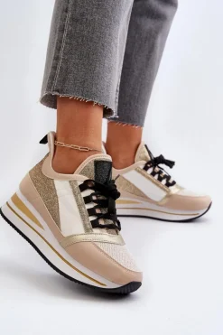 Damskie Sneakersy Na Koturnie I Platformie Z Brokatem Złote Rafani