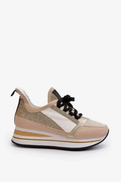Damskie Sneakersy Na Koturnie I Platformie Z Brokatem Złote Rafani