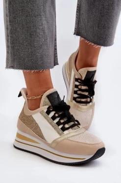 Damskie Sneakersy Na Koturnie I Platformie Z Brokatem Złote Rafani
