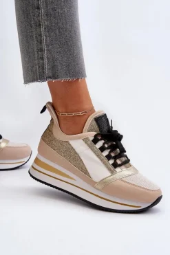 Damskie Sneakersy Na Koturnie I Platformie Z Brokatem Złote Rafani