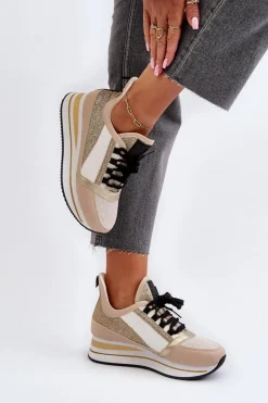 Damskie Sneakersy Na Koturnie I Platformie Z Brokatem Złote Rafani
