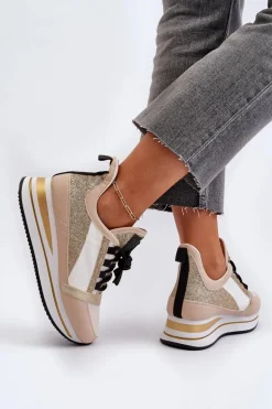 Damskie Sneakersy Na Koturnie I Platformie Z Brokatem Złote Rafani