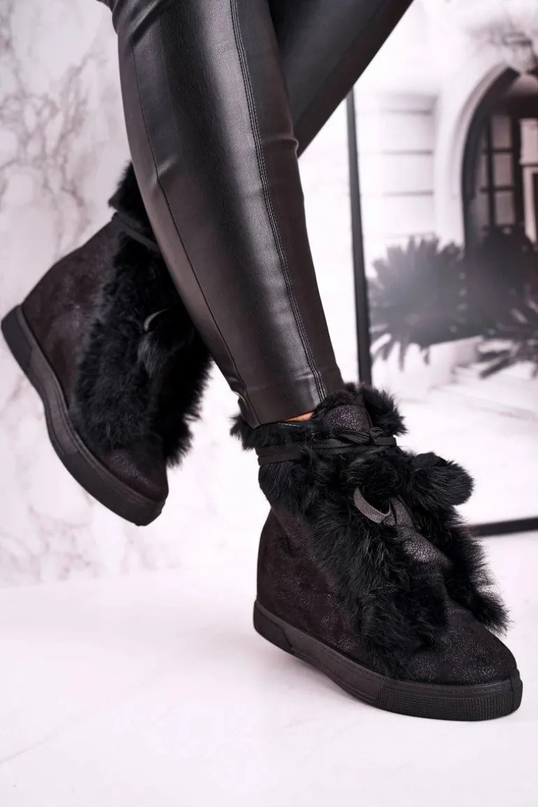 Damskie Sneakersy Na Koturnie z Futerkiem Czarne Pretty