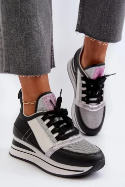 Damskie Sneakersy Na Koturnie I Platformie Z Brokatem Czarne Rafani