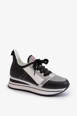 Damskie Sneakersy Na Koturnie I Platformie Z Brokatem Czarne Rafani