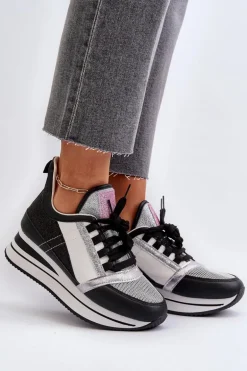 Damskie Sneakersy Na Koturnie I Platformie Z Brokatem Czarne Rafani