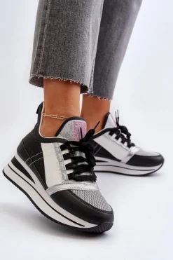 Damskie Sneakersy Na Koturnie I Platformie Z Brokatem Czarne Rafani