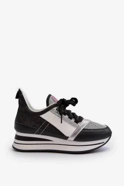 Damskie Sneakersy Na Koturnie I Platformie Z Brokatem Czarne Rafani