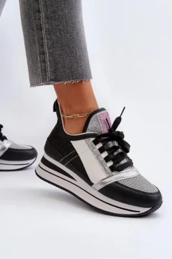 Damskie Sneakersy Na Koturnie I Platformie Z Brokatem Czarne Rafani