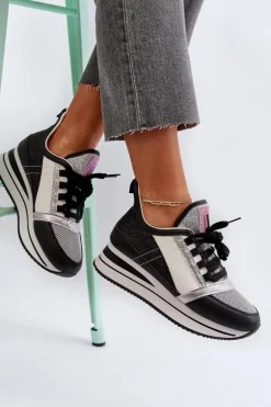 Damskie Sneakersy Na Koturnie I Platformie Z Brokatem Czarne Rafani