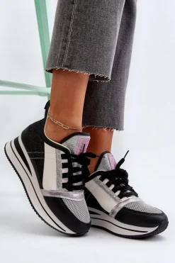 Damskie Sneakersy Na Koturnie I Platformie Z Brokatem Czarne Rafani