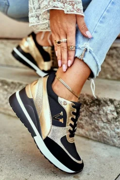 Damskie Sneakersy Na Koturnie Czarno Złote Isla