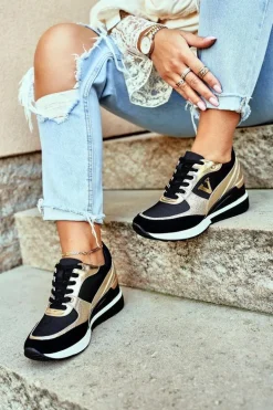 Damskie Sneakersy Na Koturnie Czarno Złote Isla