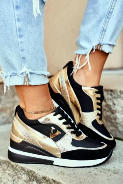 Damskie Sneakersy Na Koturnie Czarno Złote Isla