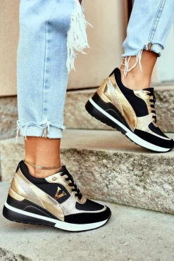 Damskie Sneakersy Na Koturnie Czarno Złote Isla