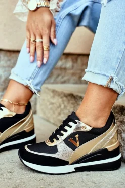 Damskie Sneakersy Na Koturnie Czarno Złote Isla