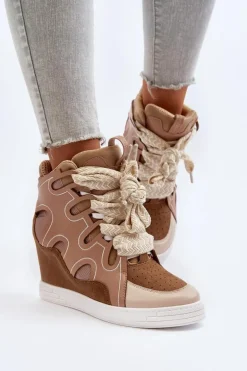 Damskie Sneakersy Na Koturnie Beżowe Leoppa