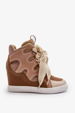 Damskie Sneakersy Na Koturnie Beżowe Leoppa