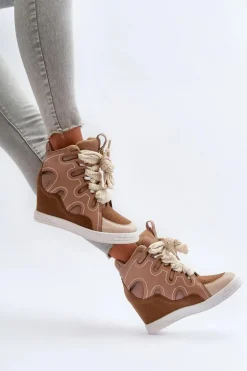Damskie Sneakersy Na Koturnie Beżowe Leoppa