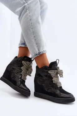 Damskie Sneakersy Na Koturnie Czarne Leoppa