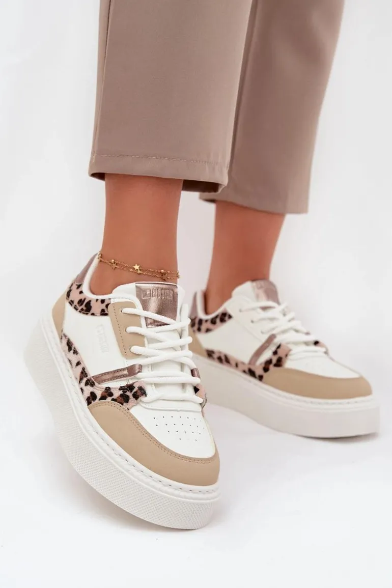 Damskie Sneakersy Na Platformie Big Star SS274357 Panterka Biało-Beżowe