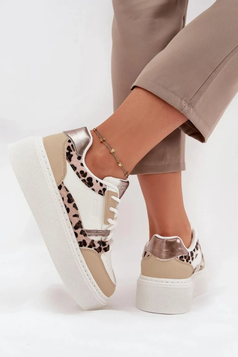 Damskie Sneakersy Na Platformie Big Star SS274357 Panterka Biało-Beżowe