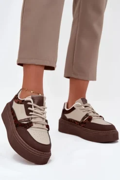 Damskie Sneakersy Na Platformie Big Star SS274356 Panterka Brązowo-Beżowe