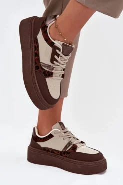 Damskie Sneakersy Na Platformie Big Star SS274356 Panterka Brązowo-Beżowe