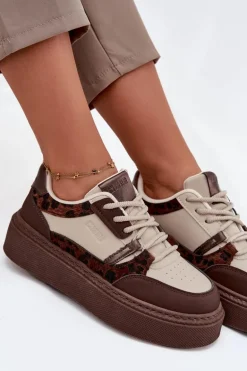 Damskie Sneakersy Na Platformie Big Star SS274356 Panterka Brązowo-Beżowe