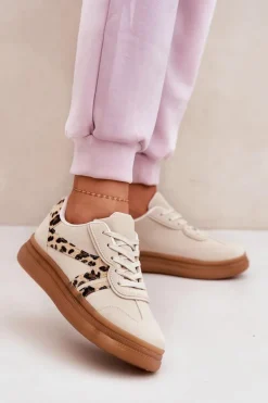 Damskie Sneakersy Na Platformie Panterka Beżowe Totter