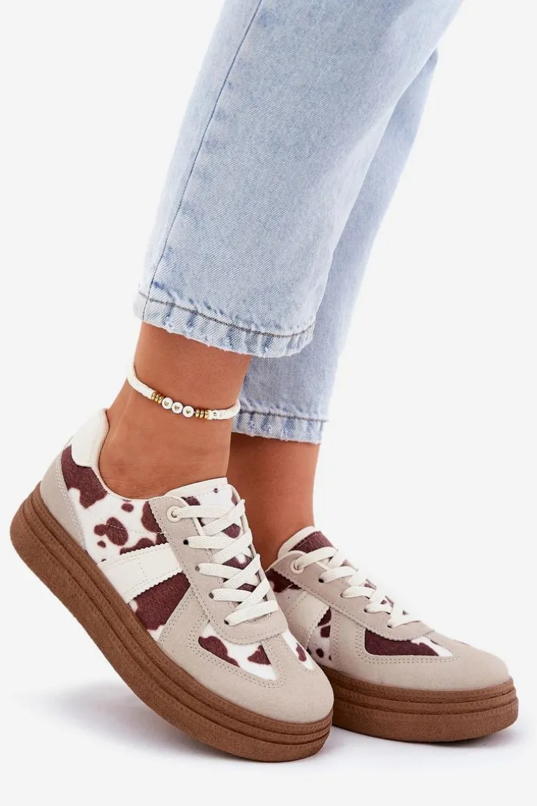 Damskie Sneakersy Na Platformie W Łaty Beżowe Lincidi