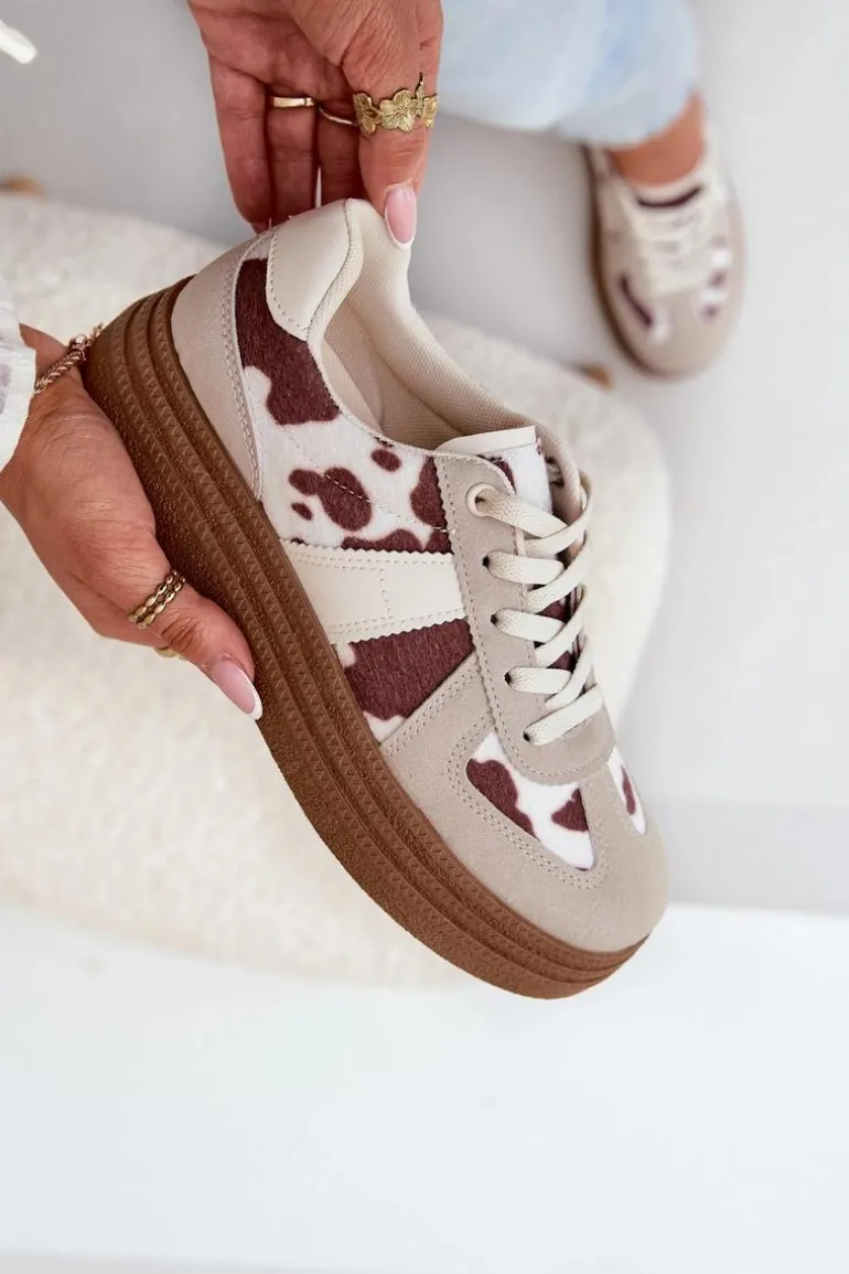 Damskie Sneakersy Na Platformie W Łaty Beżowe Lincidi