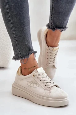 Damskie Sneakersy Na Platformie Z Sercami Beżowe Avirorae