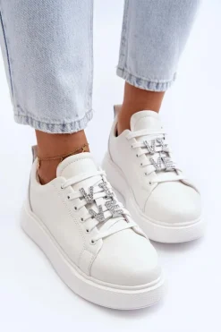 Damskie Sneakersy Skórzane Z Ozdobami Białe Dysuria