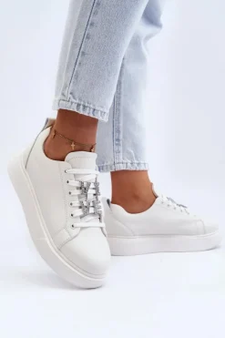 Damskie Sneakersy Skórzane Z Ozdobami Białe Dysuria