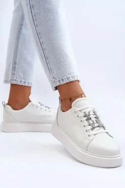 Damskie Sneakersy Skórzane Z Ozdobami Białe Dysuria