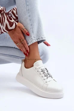 Damskie Sneakersy Skórzane Z Ozdobami Białe Dysuria