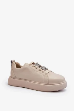 Damskie Sneakersy Skórzane Z Ozdobami Beżowe Dysuria