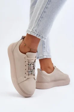 Damskie Sneakersy Skórzane Z Ozdobami Beżowe Dysuria
