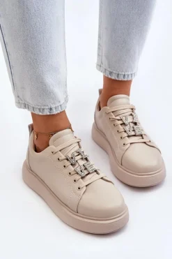 Damskie Sneakersy Skórzane Z Ozdobami Beżowe Dysuria