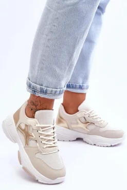 Damskie Sneakersy Sznurowane Beżowo-Złote Cortes